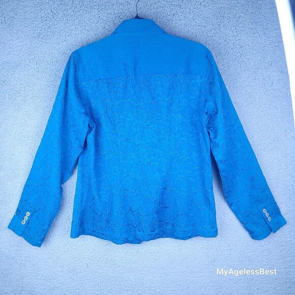 Chicos Blue Textured Crinkle Blazer Jacket Size 1 Medium Statement Career - Picture 2 of 15